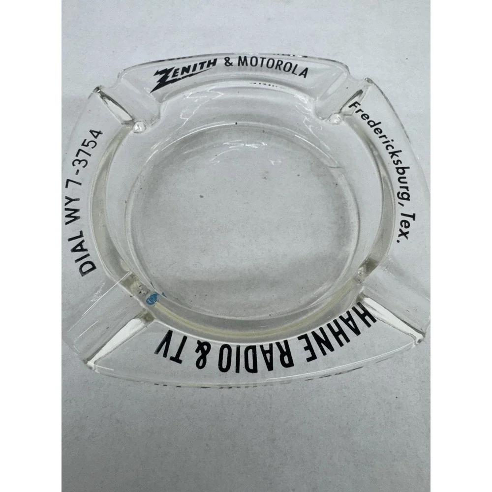 Zenith Motorola Clear Advertising Ash Tray  Fredricksburg Texas tobacciana‎